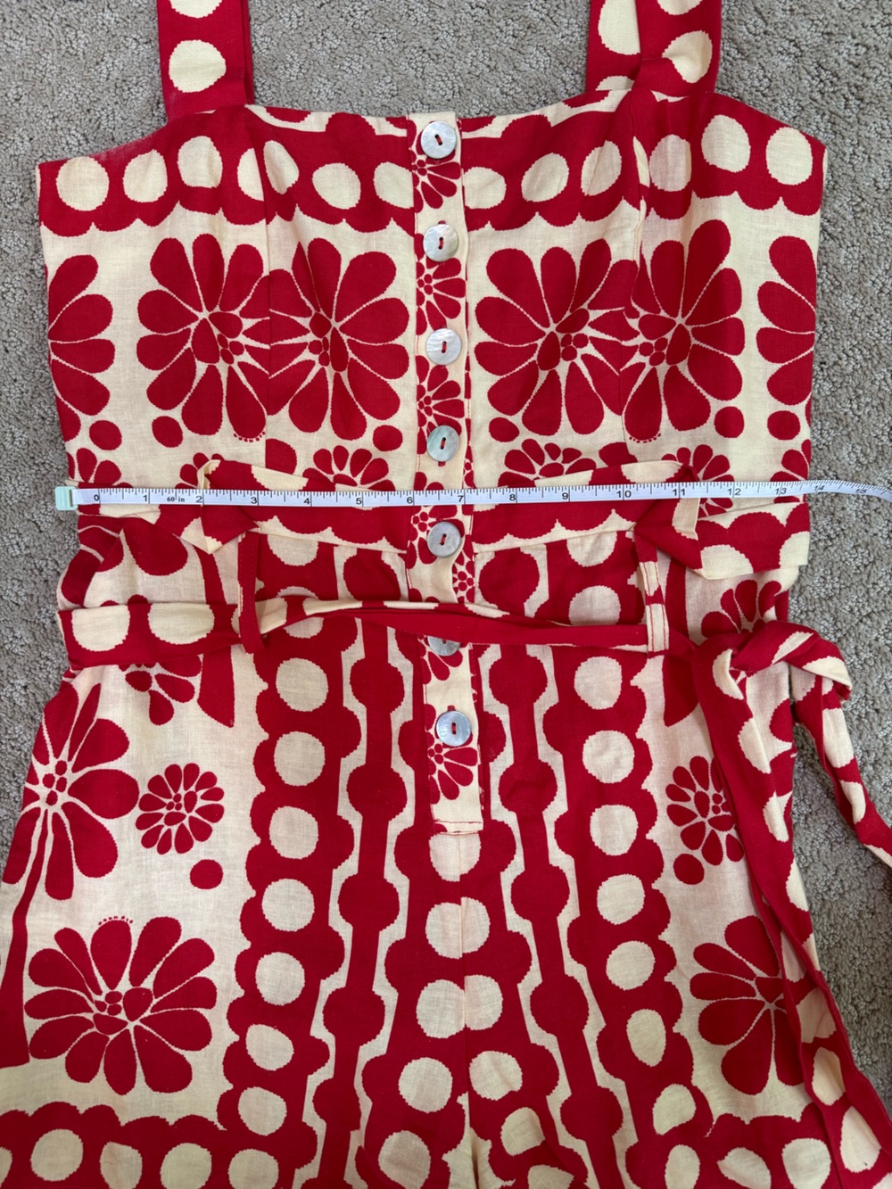 FARM Rio Red & Cream Floral Linen Blend Romper – Size S - Picture 6 of 11